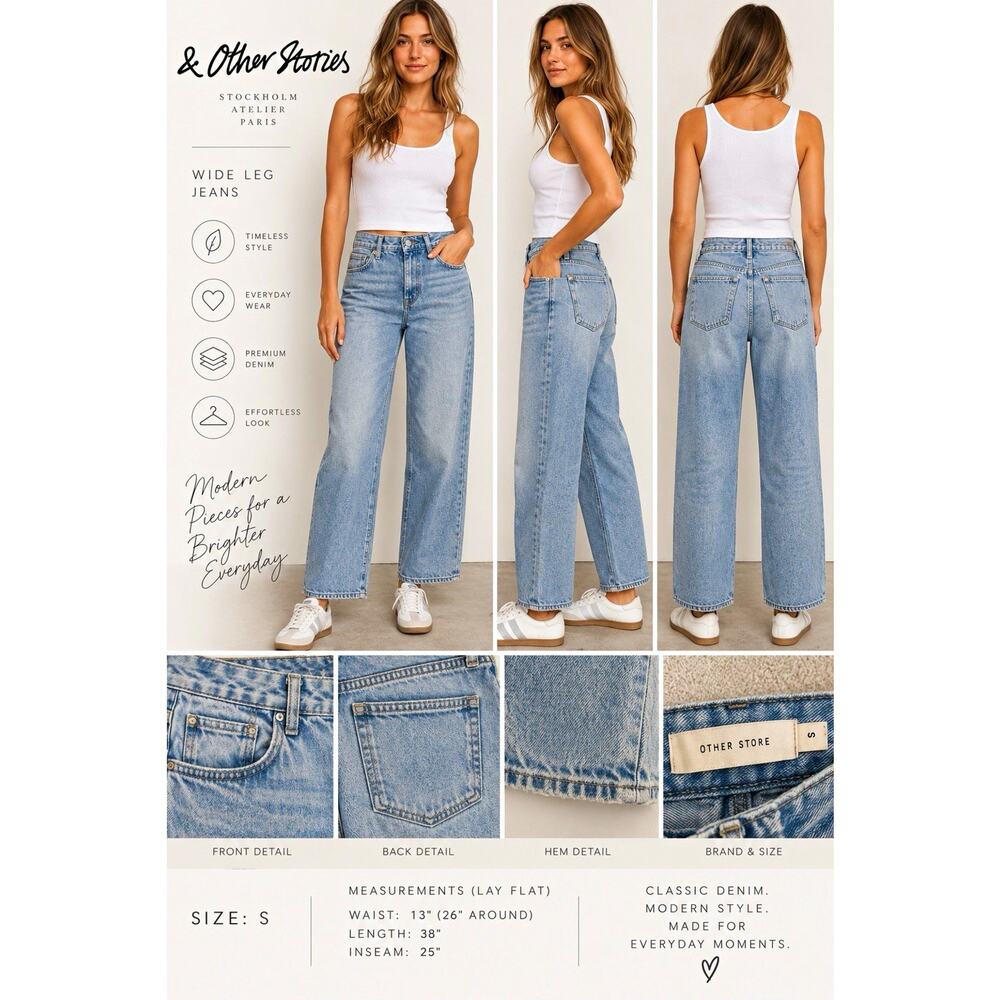 Other Stories Women's Wide-Leg Jeans Light Wash Blue Denim Zip 5-Pocket Logo S